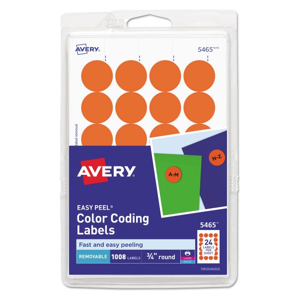 Avery Printable Self-Adhesive Removable Color-Coding Labels, 0.75" dia, Orange, 24/Sheet, 42 Sheets/Pack, (5465)