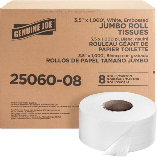 Genuine Joe Embossed Jumbo Toilet Paper Rolls 2 Ply - 9" Diameter - 1,000 ft/ Roll - 8 Rolls/ Carton