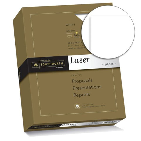 Southworth 25% Cotton Laser Paper, 95 Bright, 24 lb Bond Weight, 8.5 x 11, White, 500/Ream