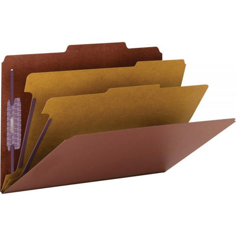 Smead Pressboard Classification Folders, Six SafeSHIELD Fasteners, 2/5-Cut Tabs, 2 Dividers, Legal Size, Red, 10/Box Legal - 2 Dividers - 6 Fasteners - 2" Capacity - Red - 10/ Box