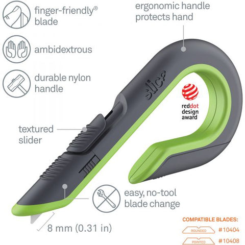 slice Box Cutters, Double Sided, Replaceable, 1.29" Stainless Steel Blade, 7" Nylon Handle, Gray/Green