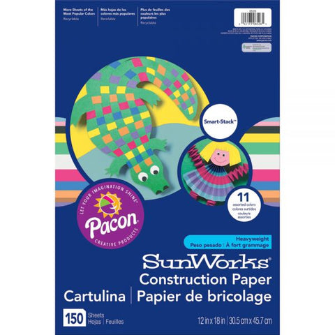 Prang SunWorks Construction Paper Smart-Stack, 50 lb Text Weight, 12 x 18, Assorted, 150/Pack