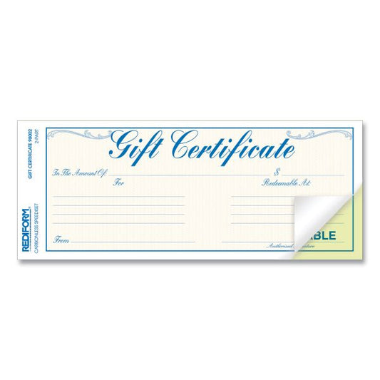 Rediform Gift Certificates with Envelopes, 8.5 x 3.67, Blue/Gold with Blue Border, 25/Pack