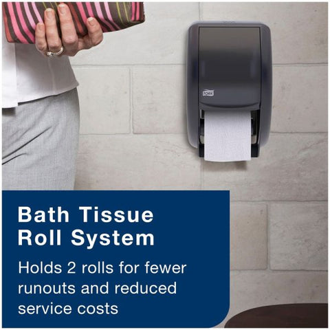 Tork Twin Standard Roll Bath Tissue Dispenser, 7.5 x 7 x 12.75, Smoke Roll Dispenser - 12.8" Height x 7.5" Width x 7" Depth - Plastic - Smoke - Translucent, Easy to Clean, Impact Resistant, Lockable, Long Lasting - 1