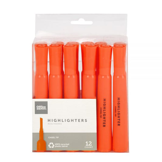 Chisel-Tip Highlighter, 100% Recycled Plastic, Fluorescent Orange, Pack Of 12