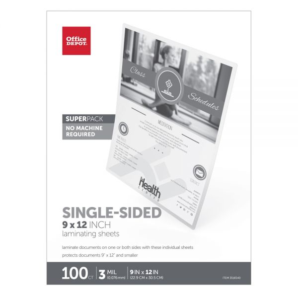 Single-Sided Self-Sealing Laminating Sheets, 9" x 12", 3 Mil, Clear, Pack Of 100 Sheets