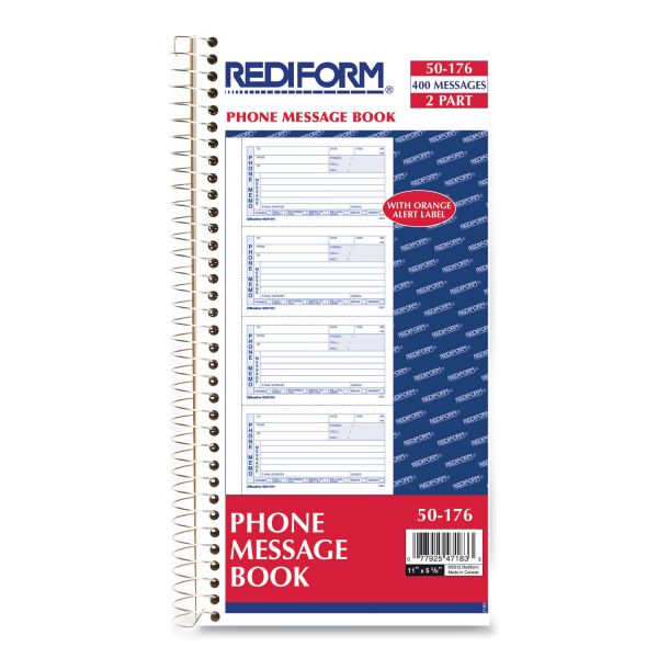 Rediform Wirebound Message Book, Two-Part Carbonless, 5 x 2.75, 4/Page, 400 Forms, 120 Labels