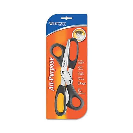 Westcott Value Line Stainless Steel Shears, 8" Long, 3.5" Cut Length, Black Offset Handles, 3/Pack