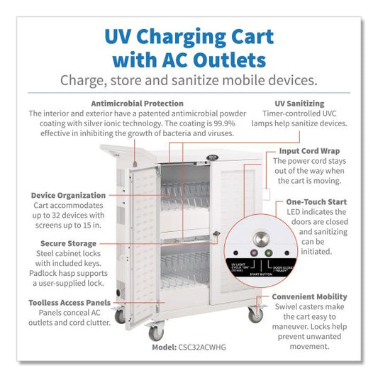 Tripp Lite UV Sterilization and Charging Cart, 32 Devices, 34.8 x 21.6 x 42.3, White