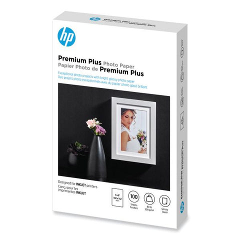 HP Premium Plus Photo Paper, 11.5 mil, 4 x 6, Glossy White, 100/Pack