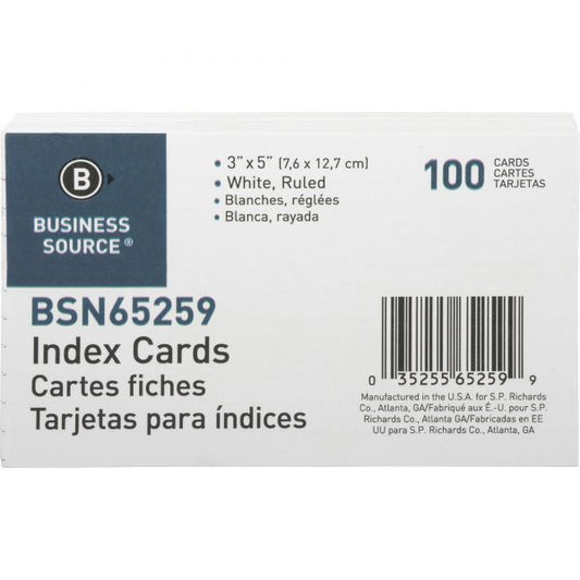 Business Source Ruled White Index Cards Front Ruling Surface - Ruled - 72 lb Basis Weight - 3" x 5" - White Paper - 1000 / Box