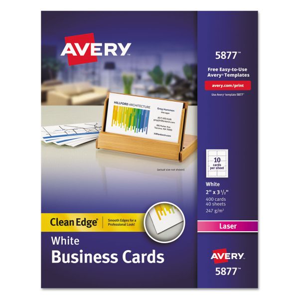 Avery Clean Edge Business Cards, Laser, 2 x 3.5, White, 400 Cards, 10 Cards/Sheet, 40 Sheets/Box