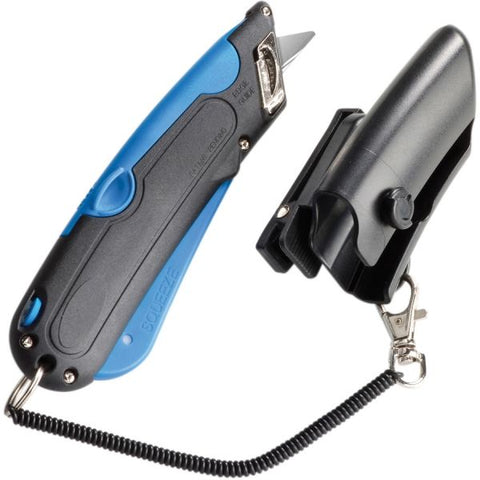 COSCO Easycut Self-Retracting Cutter with Safety-Tip Blade, Holster and Lanyard, 6" Plastic Handle, Black/Blue