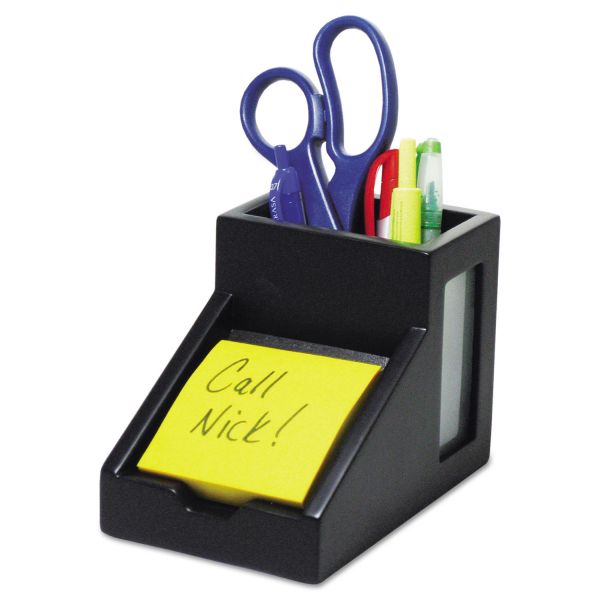 Victor Midnight Black Collection Pencil Cup with Note Holder, 2 Compartments, MDF/Frosted Glass/Faux Leather, 4 x 6.3 x 4.5, Wood