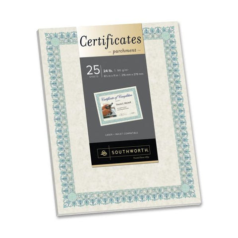 Southworth Parchment Certificates, Academic, 8.5 x 11, Ivory with Green/Blue Border, 25/Pack