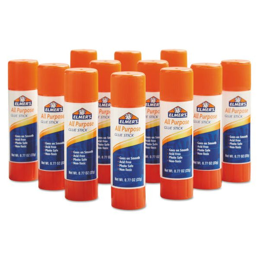 Elmer's Disappearing Glue Stick, 0.77 oz, Applies White, Dries Clear, 12/Pack