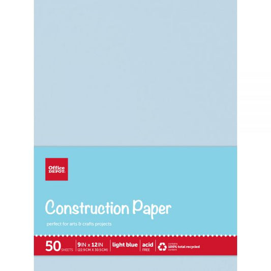 Construction Paper, 9" x 12", 100% Recycled, Light Blue, Pack Of 50 Sheets