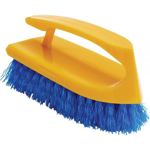 Rubbermaid Commercial Iron-Shaped Handle Scrub Brush, Blue Polypropylene Bristles, 6" Brush, 6" Yellow Plastic Handle