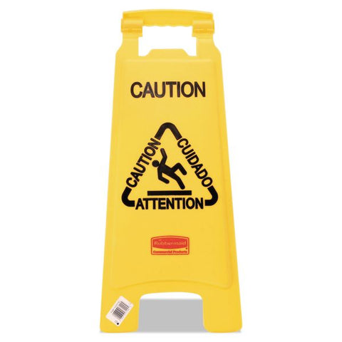 Rubbermaid Commercial Multilingual "Caution" Floor Sign, 11 x 12 x 25, Bright Yellow