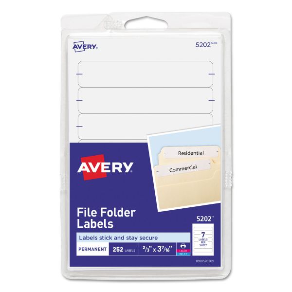 Avery Print or Write File Folder Labels, 11/16 x 3 7/16, White, 252/Pack