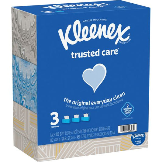 Kleenex Trusted Care 2-Ply Tissues, 8-7/16" x 8-1/2", White, 160 Tissues Per Box, Pack Of 3 Boxes