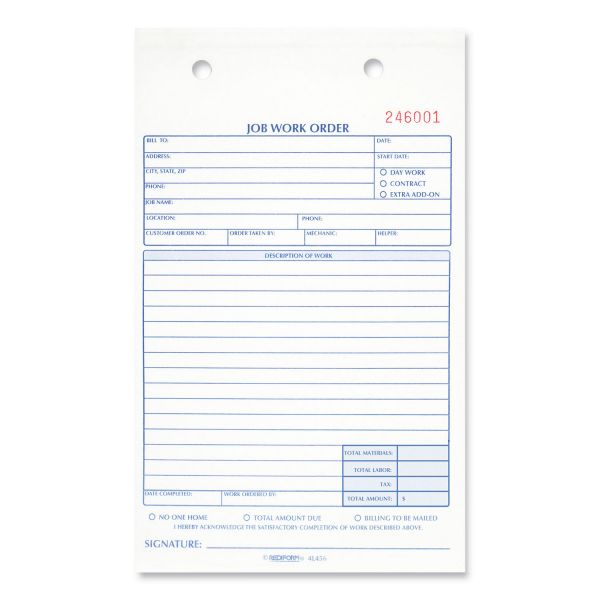 Rediform Job Work Order Book, Two-Part Carbonless, 5.5 x 8.5, 50 Forms Total