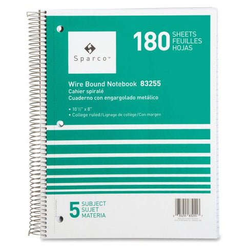 Sparco Wirebound College Ruled Notebooks 180 Sheets - Wire Bound - College Ruled - Unruled - 8" x 10 1/2" - Assorted Paper - Assorted Cover - Chipboard Cover - Resist Bleed-through, Subject, Stiff-back, Stiff-cover - 5 / Bundle