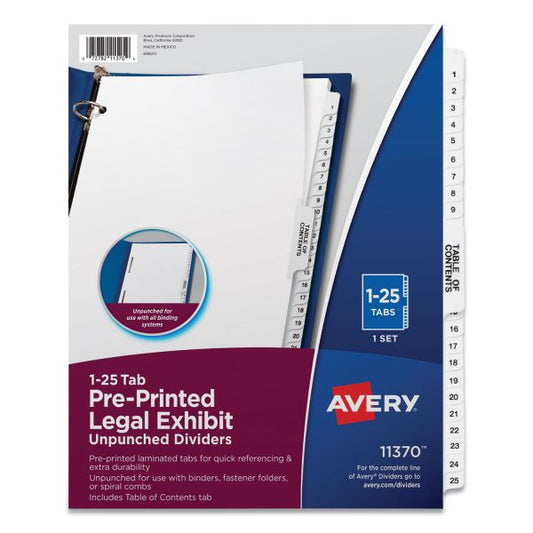 Avery Preprinted Legal Exhibit Side Tab Index Dividers, Avery Style, 25-Tab, 1 to 25, 11 x 8.5, White, 1 Set