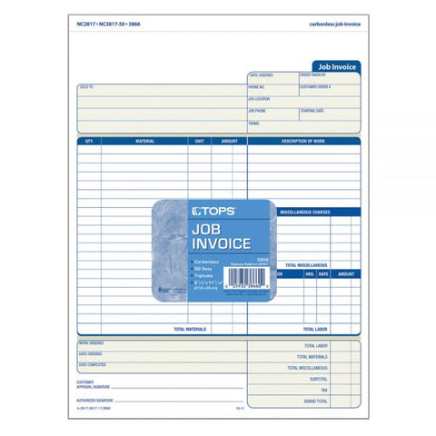 TOPS Job Invoice, Snap-Off Triplicate Form, Three-Part Carbonless, 8.5 x 11.63, 50 Forms Total