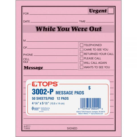 TOPS Pink Message Pad, One-Part (No Copies), 4.25 x 5.5, 50 Forms/Pad, 12 Pads/Pack