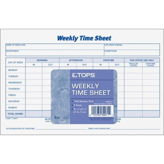 TOPS Weekly Time Sheets, One-Part (No Copies), 8.5 x 5.5, 50 Forms/Pad, 2 Pads/Pack