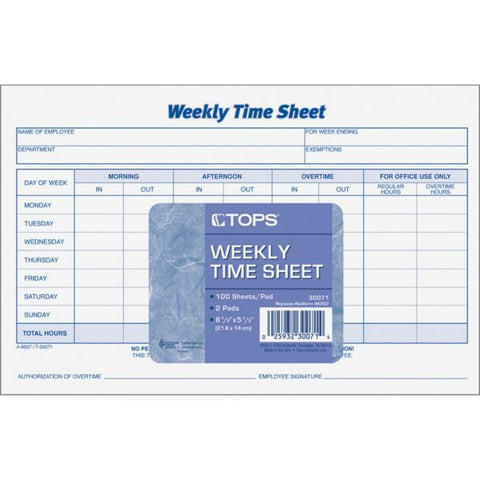 TOPS Weekly Time Sheets, One-Part (No Copies), 8.5 x 5.5, 50 Forms/Pad, 2 Pads/Pack