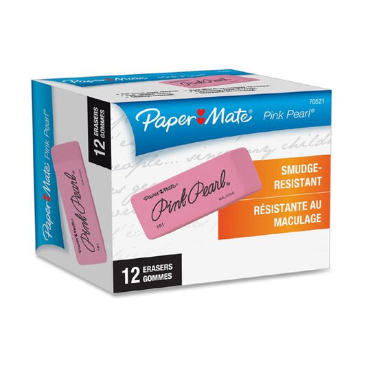 Paper Mate Pink Pearl Eraser, For Pencil Marks, Rectangular Block, Large, Pink, 12/Box