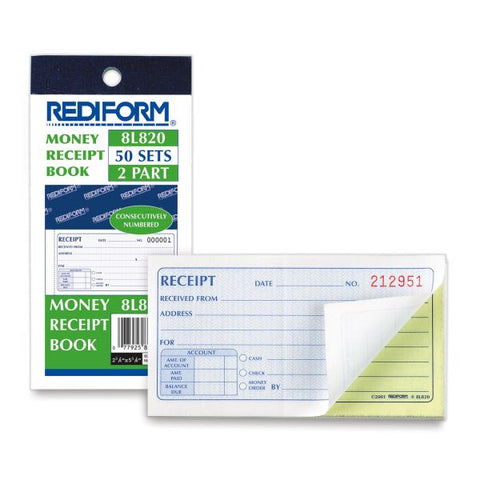 Rediform Small Money Receipt Book, Two-Part Carbonless, 2.75 x 5, 50 Forms Total