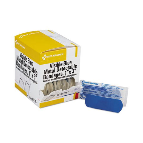 First Aid Only Adhesive Blue Metal Detectable Bandages, 1 x 3, Plastic with Foil, 100/Box, 12 Boxes/Carton