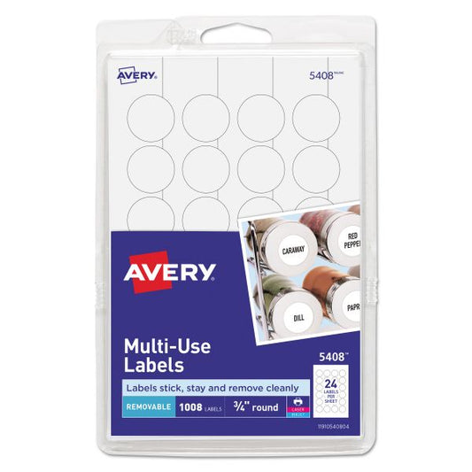 Avery Removable Multi-Use Labels, Inkjet/Laser Printers, 0.75" dia, White, 24/Sheet, 42 Sheets/Pack, (5408)