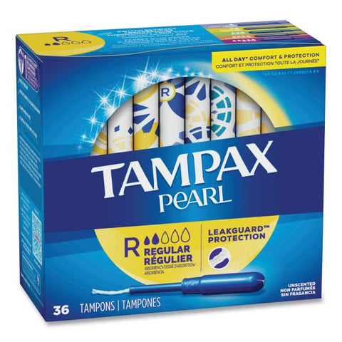 Tampax Pearl Tampons, Regular, 36/Box Plastic Applicator - 36 / Box - Anti-leak, Anti-slip, Comfortable