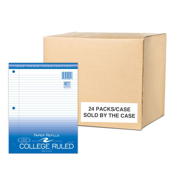 Filler Paper 8"x10.5" College Ruled with Margin Case of 24 Packs of Looseleaf Filler Paper, 8"x10.5", 150 Sheets of Smooth Medium Weight 15# White Paper, 3-Hole Punched, College Ruled W/ Margin