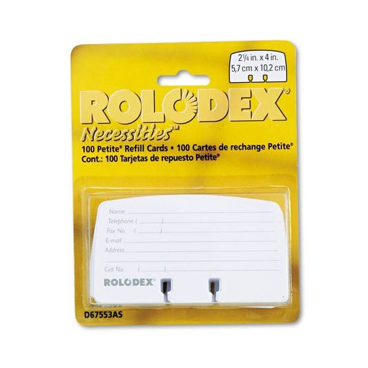 Rolodex Petite Refill Cards, 2.25 x 4, White, 100 Cards/Pack