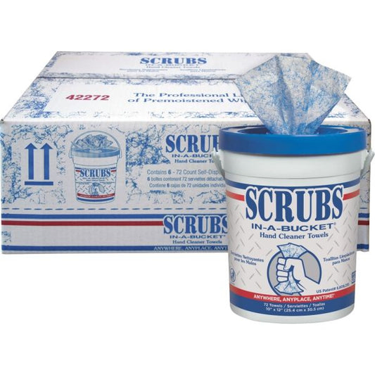 SCRUBS Hand Cleaner Towels, 10" x 12", Blue/White, Citrus Scent, 72/Bucket, 6 Buckets/Carton