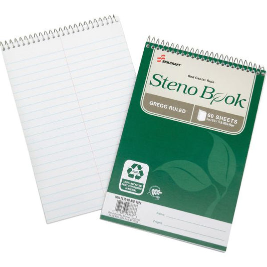 SKILCRAFT 17 lb. Recycled Paper Steno Book 60 Sheets - Wire Bound - Ruled Red Margin - 17 lb Basis Weight - 6" x 9" - White Paper - Acid-free, Archival, Chlorine-free - Recycled - 6 / Pack