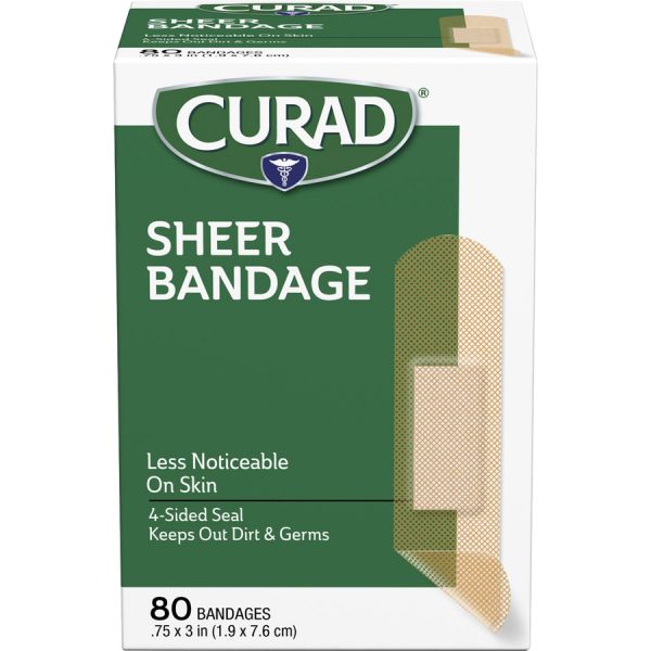 Curad Sheer Bandage Strips 0.75" x 3" - 80/Box - Sheer, Clear - Fabric