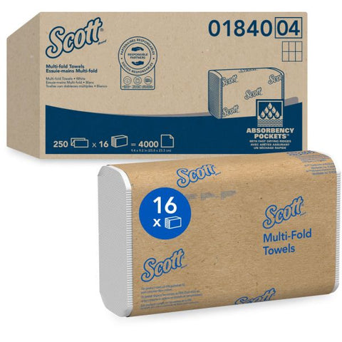 Scott Multi-Fold Paper Towels with Absorbency Pockets, 9 1/5 x 9 2/5, 1-Ply, White, 250 Sheets/Pack, 16 Packs/Carton