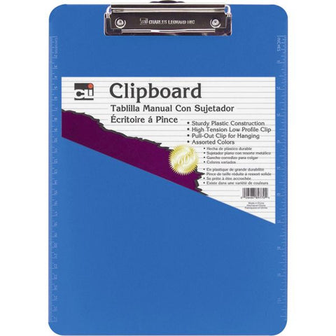 Charles Leonard Plastic Clipboard 9" x 12.8" Actual Board Size - Low Profile Clip - Plastic - Neon Blue - 1 Each - For Use With Letter Size Pads/Papers