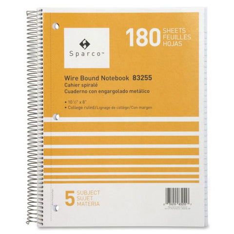 Sparco Wirebound College Ruled Notebooks 180 Sheets - Wire Bound - College Ruled - Unruled - 8" x 10 1/2" - Assorted Paper - Assorted Cover - Chipboard Cover - Resist Bleed-through, Subject, Stiff-back, Stiff-cover - 5 / Bundle