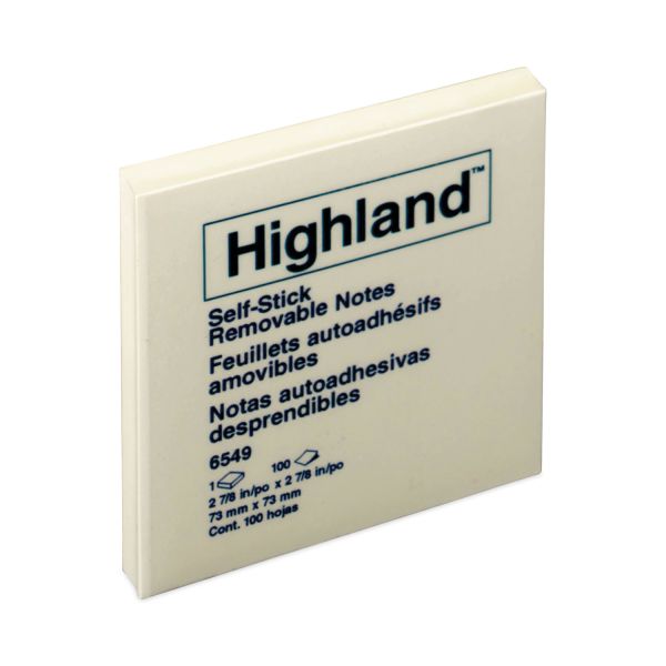 Highland Self-Stick Notes, 3" x 3", Yellow, 100 Sheets/Pad, 12 Pads/Pack