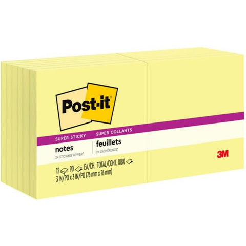 Post-it Notes Super Sticky Pads in Canary Yellow, 3" x 3", 90 Sheets/Pad, 12 Pads/Pack