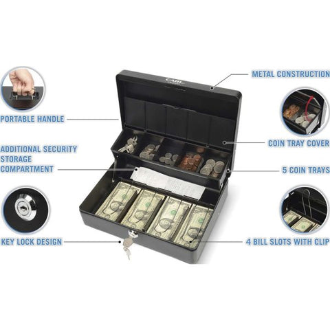 CARL Bill Slots Steel Security Cash Box 4 Bill - 5 Coin - Steel - Black - 3.5" Height x 10" Width x 7" Depth