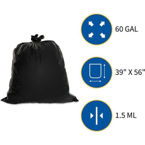 Genuine Joe Heavy Duty 60 Gallon Trash Bags 39" x 56" - 60 Gallon Capacity - Low-Density - 1.50 mil Thickness - Black Garbage Bag - 50/ Carton