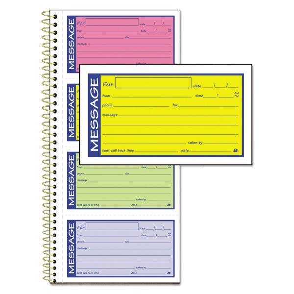 Adams Wirebound Telephone Book with Multicolored Messages, Two-Part Carbonless, 4.75 x 2.75, 4 Forms/Sheet, 200 Forms Total